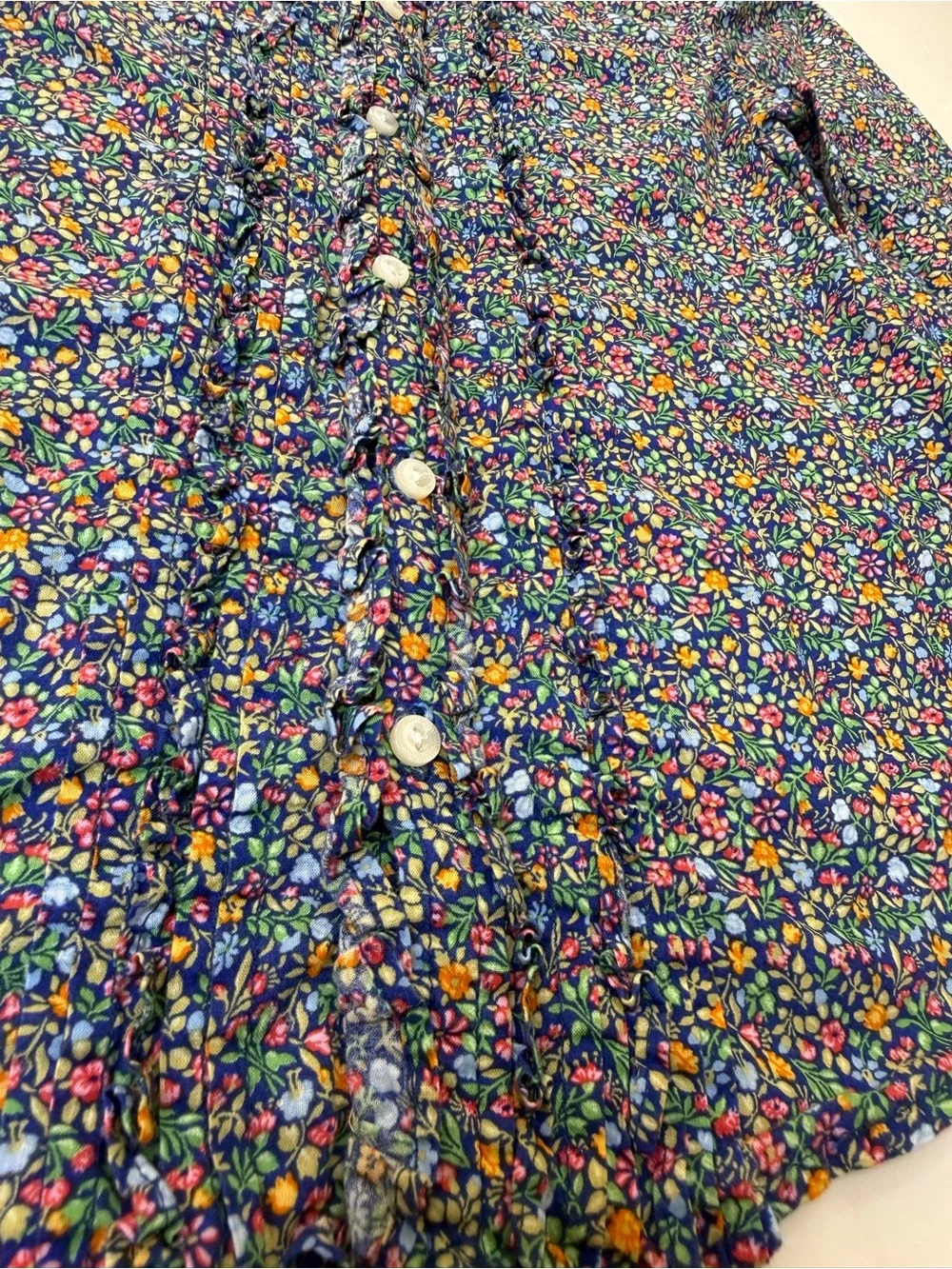 Ralph Lauren Girls 6X Floral Ruffle Button Down 100% Cotton Navy Cottagecore